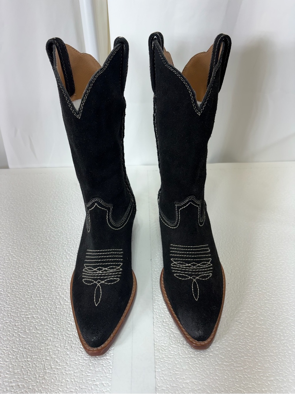 Patricia Nash Black Suede Western Heeled Boots with Brown Trim s204